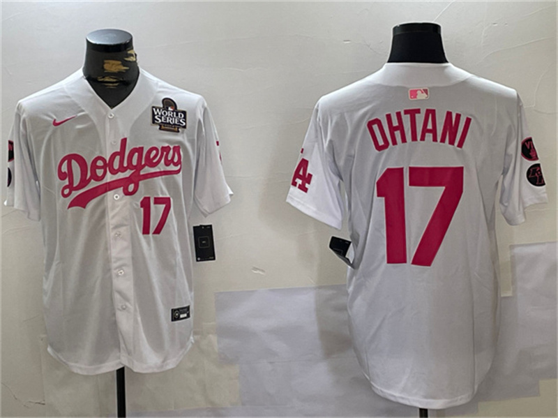 Men's Los Angeles Dodgers #17 Shohei Ohtani White/Pink 2024 World Series Vin & Kobe Patch Limited Stitched Baseball Jersey Men's Los Angeles Dodgers #17 Shohei Ohtani White/Pink 2024 World Series Vin & Kobe Patch Limited Stitched Baseball Jersey